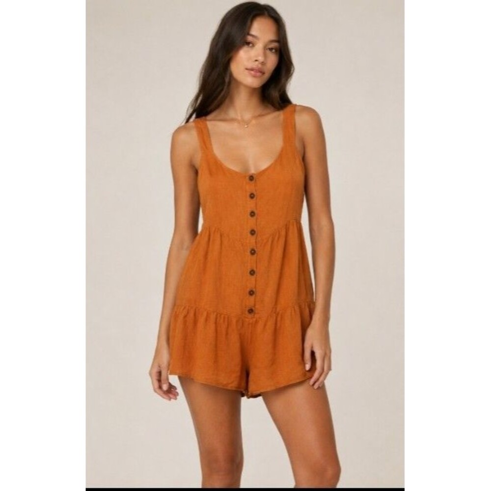 Urban Outfitters Pia Tiered Button Front Romper Orange Ruffle Sleeveless Size L
